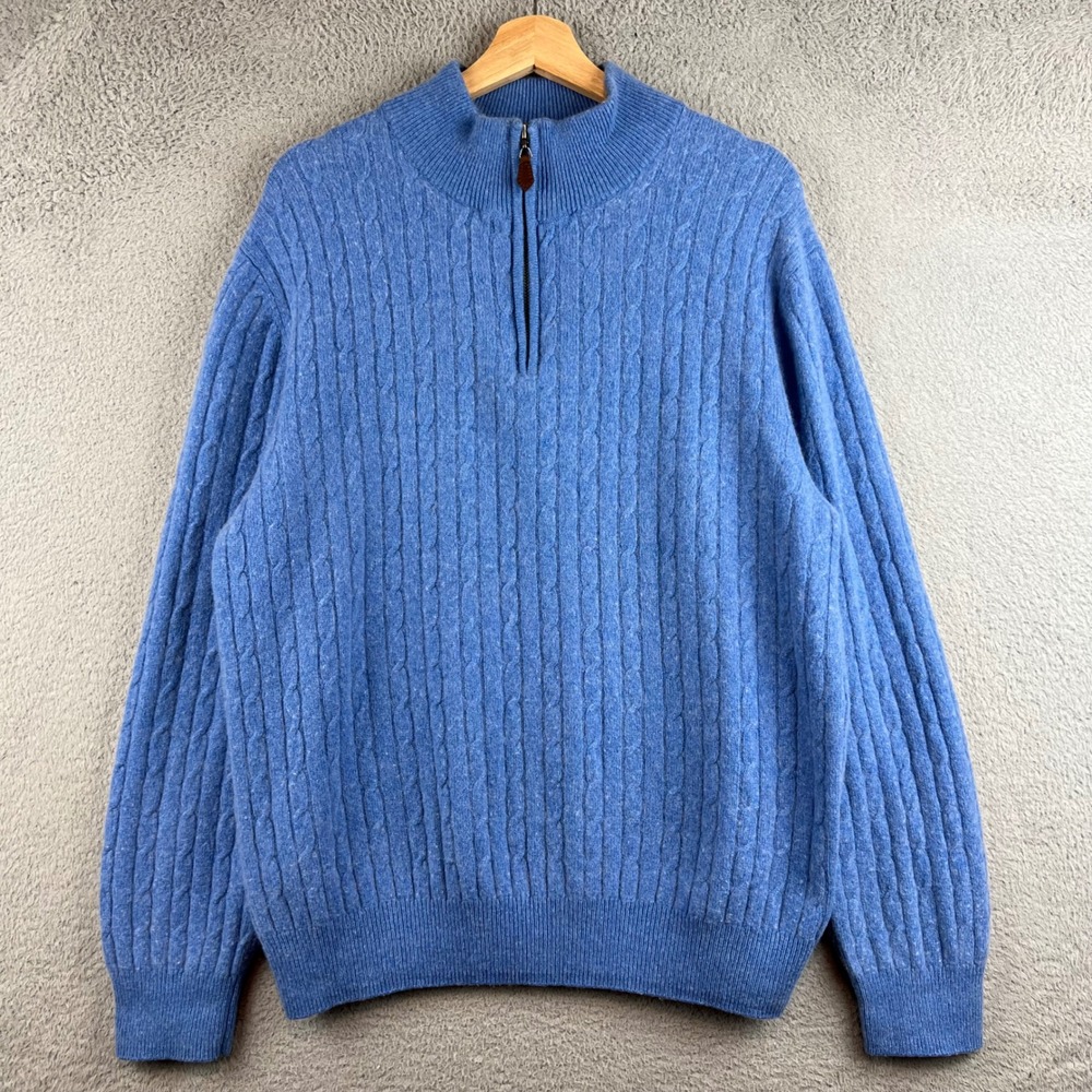 Daniel Bishop Mens 100% Cashmere Cable Knit Quarter Zip Sweater Blue Large